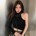 Long-sleeve One-shoulder Mock-neck Crop Top Black - One Size