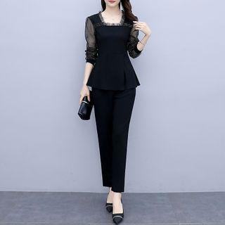 Set: Mesh Panel Peplum Top + Straight-leg Pants