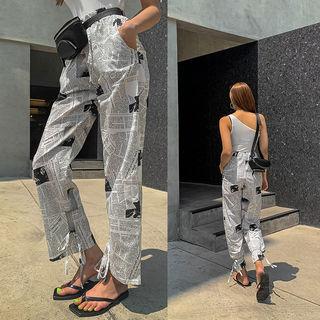 Drawstring-waist Pattern Pants Ivory - One Size