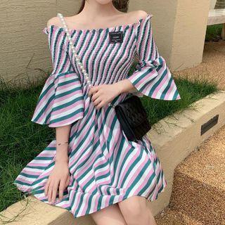 Off-shoulder Striped Ruffle Trim Bell-sleeve Dress