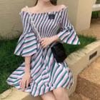 Off-shoulder Striped Ruffle Trim Bell-sleeve Dress