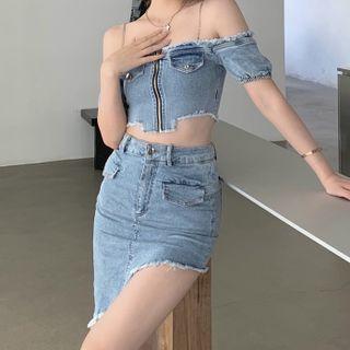 Short-sleeve Cold Shoulder Denim Crop Top / Mini Pencil Skirt