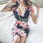 Floral Print Cap-sleeve Bodycon Dress