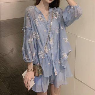 Set: Print Loose-fit Blouse + A-line Skirt