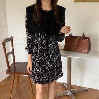 Long-sleeve Dotted Mini A-line Dress / Scarf