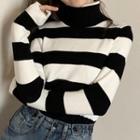 Color-block Turtleneck Knit Top Stripes - Black & White - One Size
