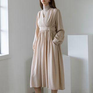 Shirred Flared Long Wrap Dress