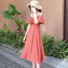 Short-sleeve Frilled Open Shoulder Midi A-line Dress