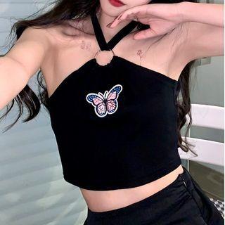 Halter Butterfly Print Cropped Top Black - One Size