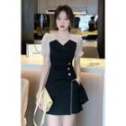 Set: Mock Two-piece Puff-sleeve Shirred A-line Dress + Shorts