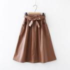 Ribbon Midi A-line Faux Leather Skirt
