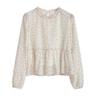 Long-sleeve Dotted Cropped Blouse Blouse - Almond - One Size