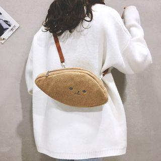 Face Embroidered Fleece Crossbody Bag Light Khaki - One Size