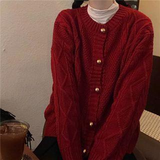 Round Neck Cable Knit Cardigan Red - One Size