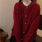 Round Neck Cable Knit Cardigan Red - One Size