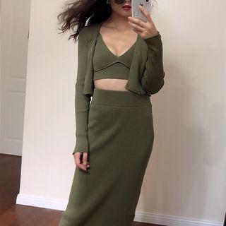 Plain Knit Tank Top / Long-sleeve Cardigan / High-waist Skirt