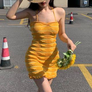 Halter Knit Mini Dress Orange Yellow - One Size