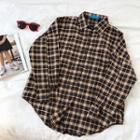Color-block Plaid Long-sleeve Blouse Coffee - One Size