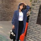 Hooded Long Check Jacket Navy Blue - One Size