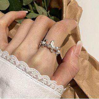 Butterfly Faux Pearl Sterling Silver Open Ring J2923 - Silver - One Size
