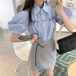 Puff-sleeve Cut-out Blouse / Asymmetrical Plaid Skirt