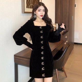 Balloon-sleeve Velvet Mini A-line Dress