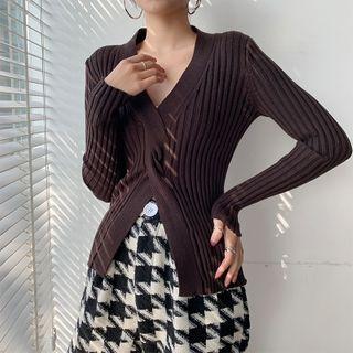 Long-sleeve Twist-front Knit Top Coffee - One Size