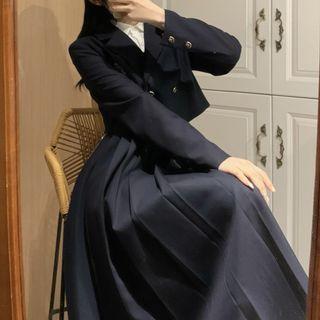Pleated Midi A-line Overall Dress / Shirt / Cropped Jacket / Set