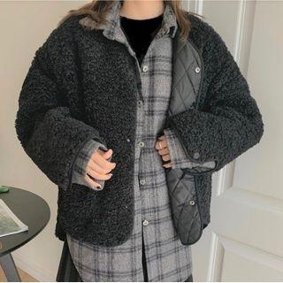 Mock Two-piece Fleece Plaid Trim Button Jacket Black & Gray - One Size