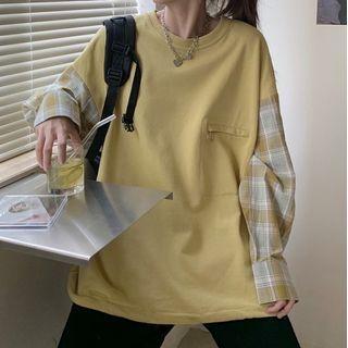 Plaid Panel Mock Two Piece Oversized Top