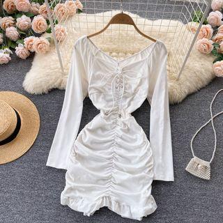 V-neck Ruched Lace-up Strap Ruffle-hem Dress White - One Size
