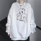 Cartoon Bear Round Neck Pullover White - One Size