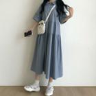 Collared Elbow-sleeve Midi T-shirt Dress Blue - One Size