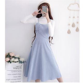 Long-sleeve Mock Neck T-shirt / Spaghetti Strap Midi A-line Dress