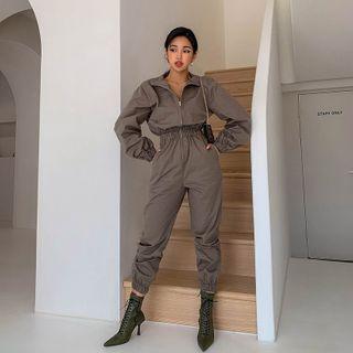 Zip-front Band-waist Jumpsuit