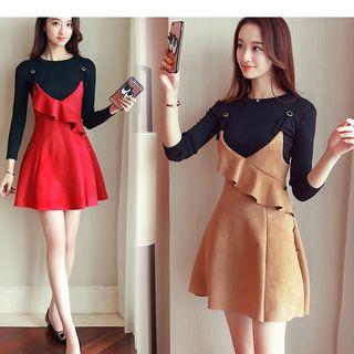 Set: Long-sleeve Knit Top + Faux Suede A-line Dress