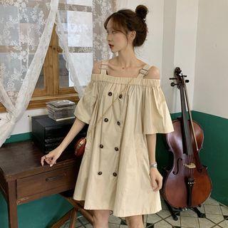 Buttoned Cold Shoulder Shift Dress