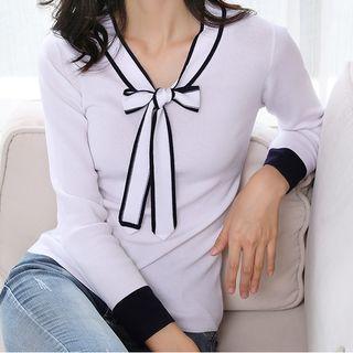 Piped Bow Long-sleeve Knit Top