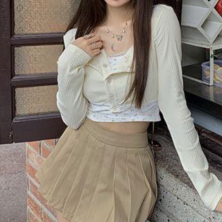 Cropped Cardigan / Floral Print Camisole Top / Pleated Mini A-line Skirt