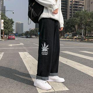 Leaf Print Wide-leg Jeans