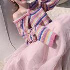 Striped V-neck Sweater / Mesh Midi A-line Skirt / Set