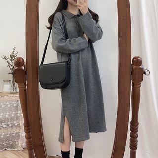 Long Sleeve Slit-side Polo Shirt Dress