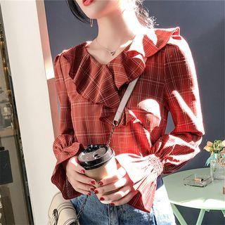 Check Ruffle Long-sleeve Blouse