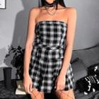 Strapless Belted Plaid Pleated Mini A-line Dress