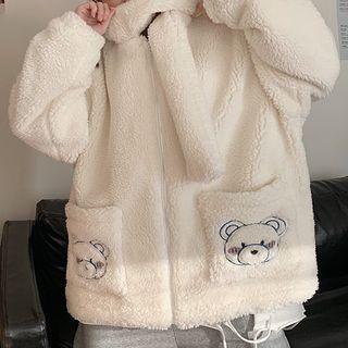 Bear Embroidered Fleece Hooded Jacket