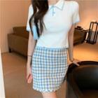 Contrast Trim Short-sleeve Knit Cropped Polo Shirt / Houndstooth Mini Pencil Skirt