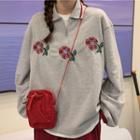 Collared Half-zip Flower Print Sweatshirt