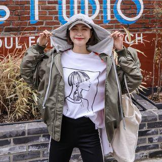 Shirred-sleeve Hood-layered Flight Jacket