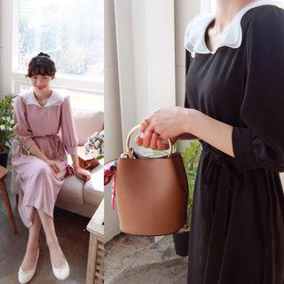 Chiffon-collar A-line Dress With Sash