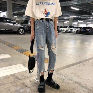 Lettering Washed Ripped Cropped Jeans